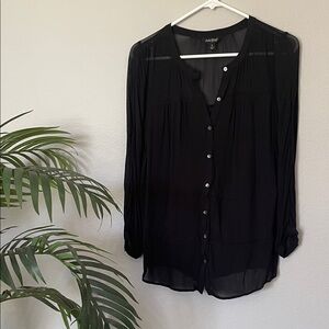 Lucky Brand Black Long Sleeve Blouse Black Sheer Button Down V Neck Blouse